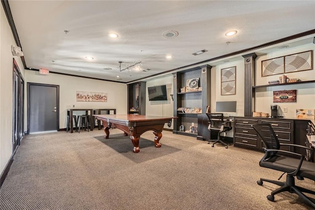 game room with light carpet, crown molding, and pool table