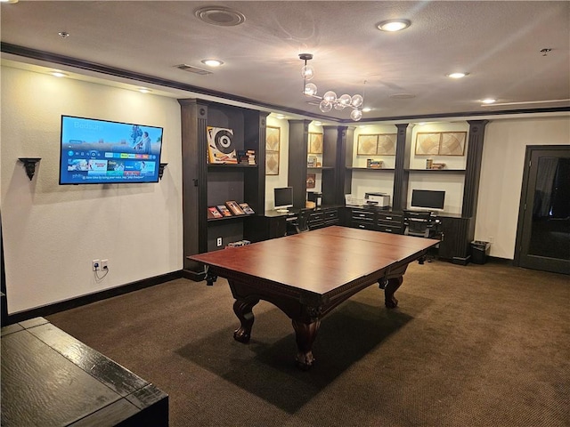 recreation room with dark colored carpet