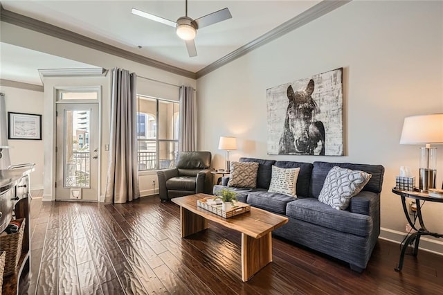 living room with crown molding, ceiling fan, and dark hardwood / wood-style flooring