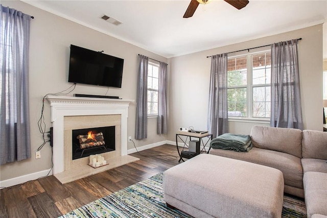 living room featuring ceiling fan, plenty of natural light, and dark hardwood / wood-style floors