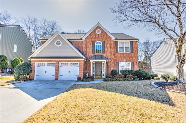 1510 Ridgemill Ter, Dacula, GA 30019 - view of front facade with a front yard, brick siding, concrete driveway, and an attached garage