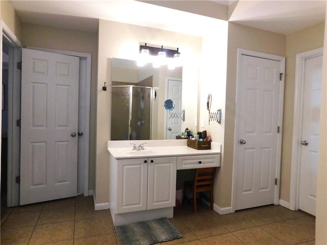 bathroom featuring tile patterned flooring, vanity, and a shower with door