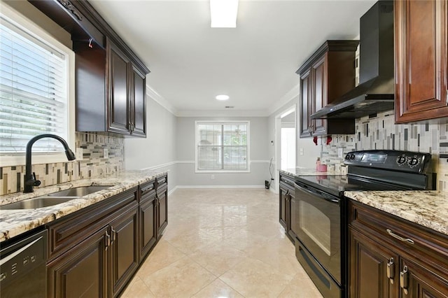314 Spring Falls Dr, Lawrenceville, GA 30045 - kitchen featuring black / electric stove, dishwasher, wall chimney exhaust hood, tasteful backsplash, and ornamental molding