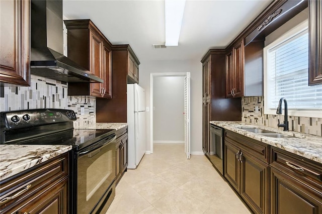 314 Spring Falls Dr, Lawrenceville, GA 30045 - kitchen with black appliances, wall chimney exhaust hood, backsplash, and light stone countertops