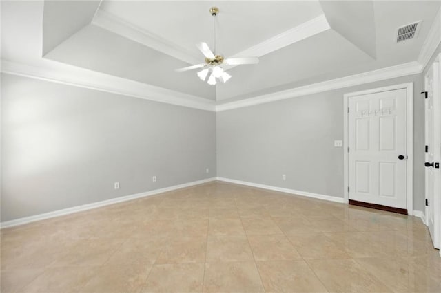 314 Spring Falls Dr, Lawrenceville, GA 30045 - empty room featuring a raised ceiling, ceiling fan, ornamental molding, and light tile patterned floors