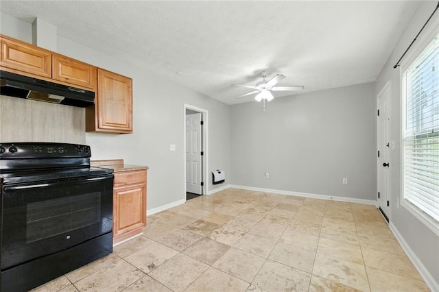 314 Spring Falls Dr, Lawrenceville, GA 30045 - kitchen featuring black electric range, under cabinet range hood, a ceiling fan, and light countertops