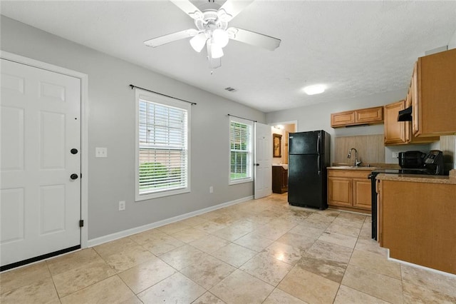 314 Spring Falls Dr, Lawrenceville, GA 30045 - kitchen with freestanding refrigerator, electric range oven, light countertops, ceiling fan, and range hood