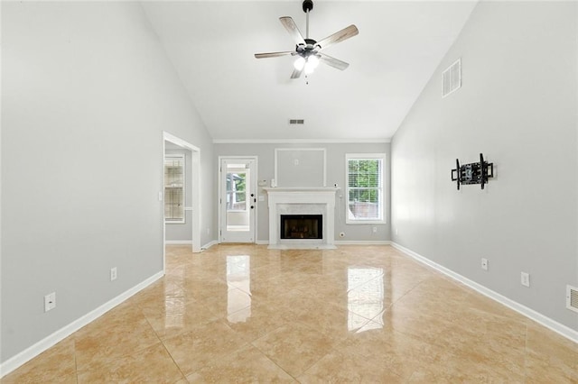 314 Spring Falls Dr, Lawrenceville, GA 30045 - unfurnished living room with a ceiling fan, a fireplace, and high vaulted ceiling