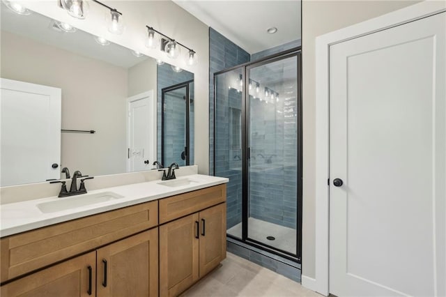 bathroom with a stall shower, tile patterned flooring, and double vanity