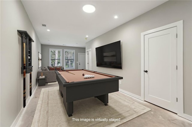 playroom featuring billiards table, recessed lighting, and concrete floors