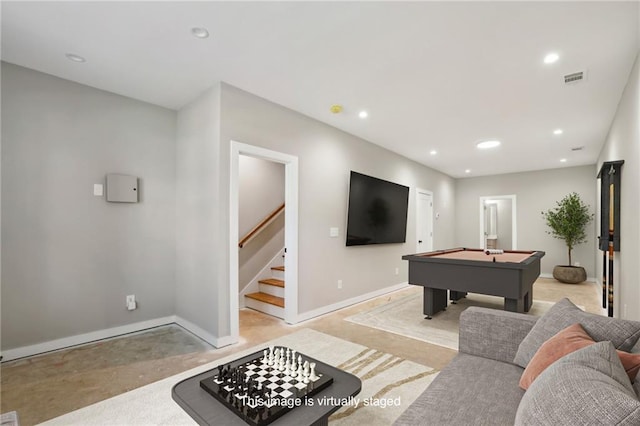 playroom with billiards, recessed lighting, and baseboards