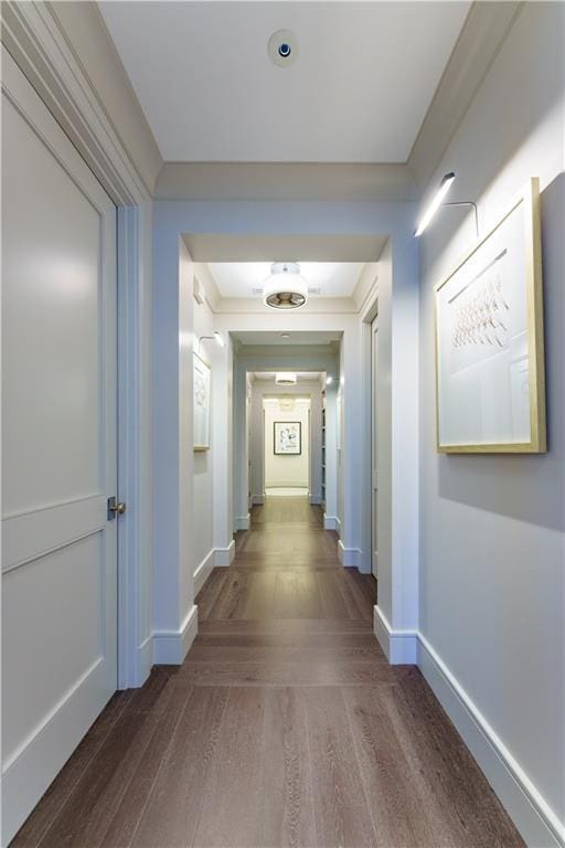 corridor featuring dark hardwood / wood-style flooring