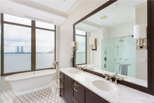 bathroom featuring vanity and plus walk in shower