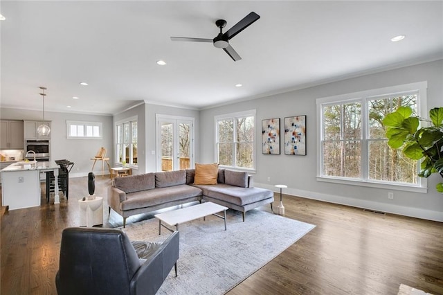 2304 Isla Run, Woodstock, GA 30188 - living area with ornamental molding, baseboards, ceiling fan, dark wood-style flooring, and recessed lighting