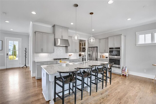 2304 Isla Run, Woodstock, GA 30188 - kitchen with appliances with stainless steel finishes, under cabinet range hood, a sink, crown molding, and a kitchen breakfast bar