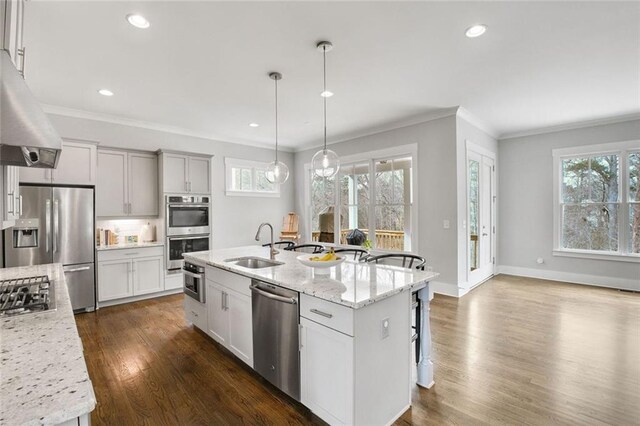 2304 Isla Run, Woodstock, GA 30188 - kitchen featuring stainless steel appliances, a sink, ornamental molding, healthy amount of natural light, and a kitchen breakfast bar