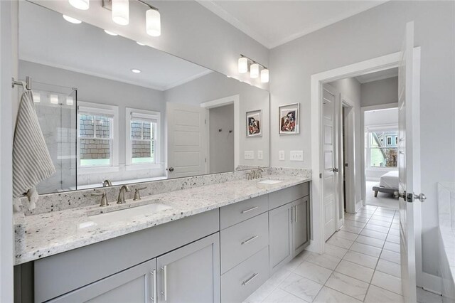 2304 Isla Run, Woodstock, GA 30188 - bathroom with double vanity, crown molding, an enclosed shower, and ensuite bath