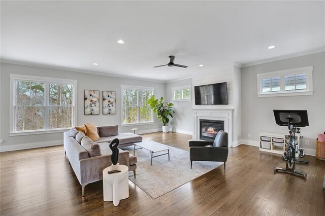 2304 Isla Run, Woodstock, GA 30188 - living room with crown molding, a glass covered fireplace, ceiling fan, baseboards, and wood finished floors