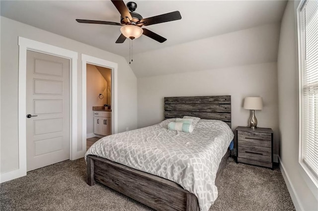 569 White Oak Way, Monroe, GA 30655 - bedroom featuring carpet, connected bathroom, ceiling fan, and lofted ceiling