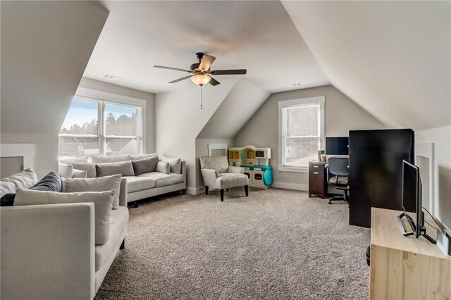 569 White Oak Way, Monroe, GA 30655 - living room featuring carpet floors, ceiling fan, and lofted ceiling