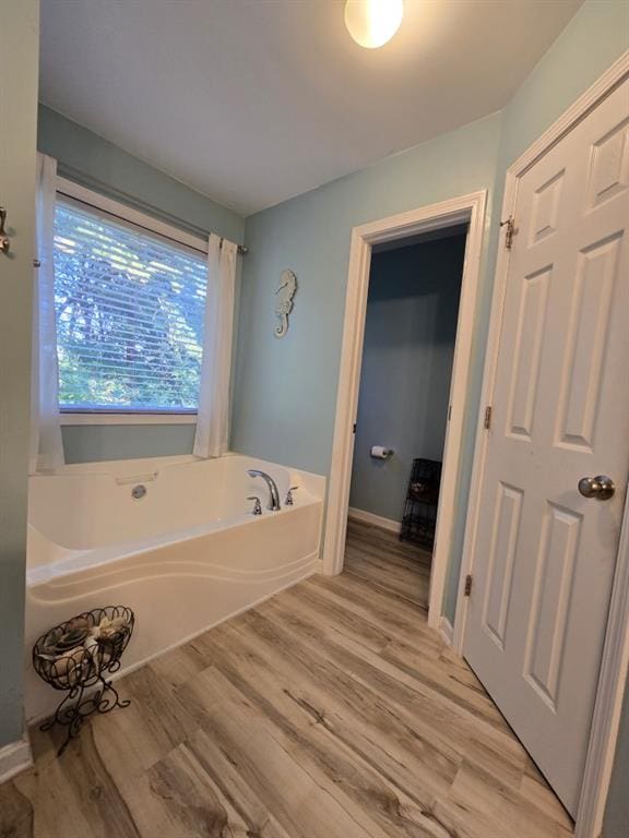 bathroom with a tub and hardwood / wood-style floors