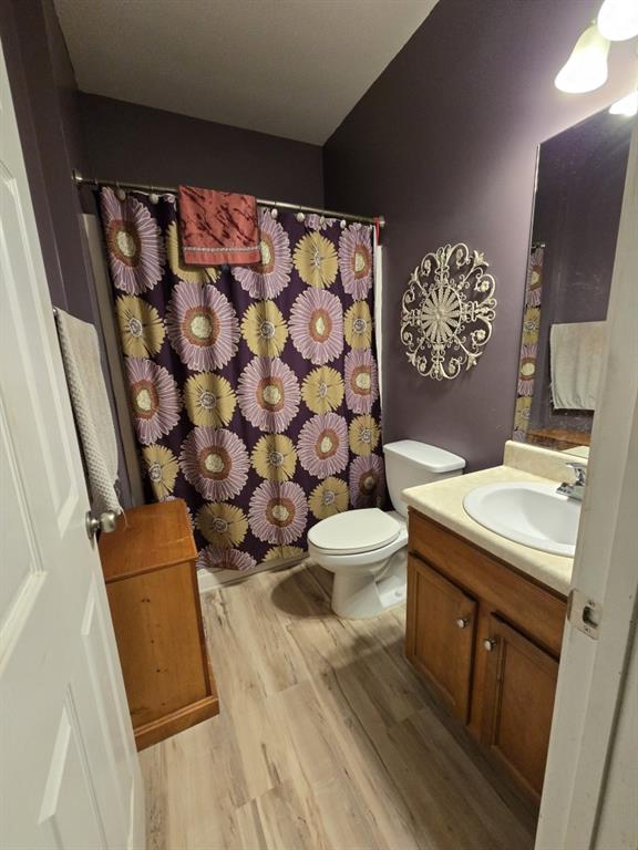 bathroom with vanity, toilet, and hardwood / wood-style floors