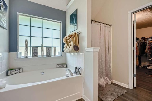 bathroom with wood-type flooring and plus walk in shower