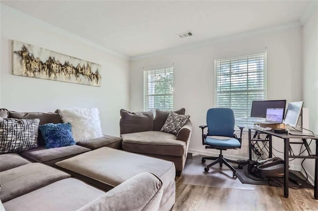 living room with wood-type flooring and crown molding