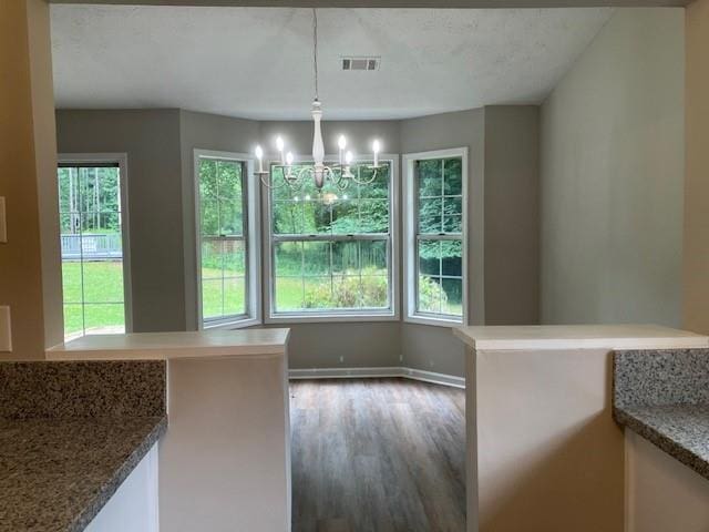 unfurnished dining area featuring hardwood / wood-style floors, a healthy amount of sunlight, and a notable chandelier