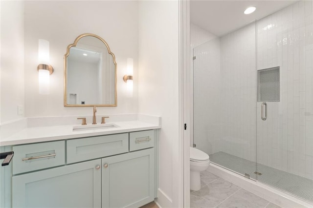 260 Guild Ln, Fayetteville, GA 30214 - bathroom with vanity, toilet, marble finish floor, recessed lighting, and a shower stall