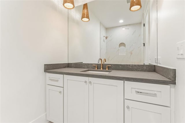 260 Guild Ln, Fayetteville, GA 30214 - full bath with baseboards, a marble finish shower, and vanity