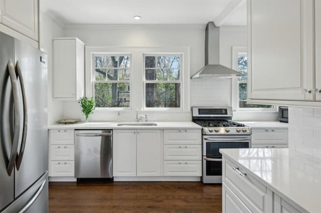 kitchen with wall chimney exhaust hood, ornamental molding, stainless steel appliances, and a sink