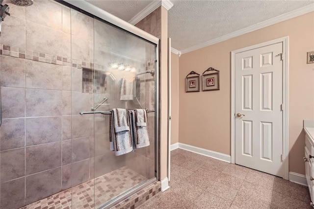 3592 Midvale Cv, Tucker, GA 30084 - bathroom featuring a shower stall, vanity, granite floors, ornamental molding, and baseboards