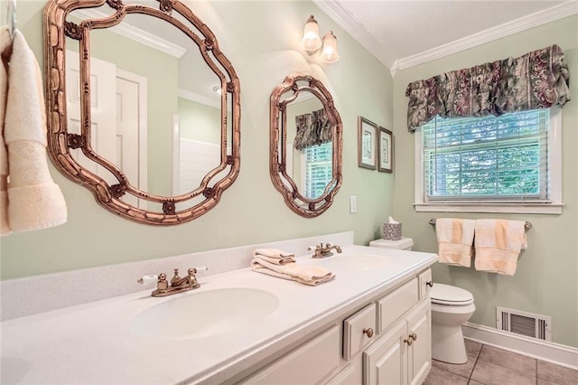 3592 Midvale Cv, Tucker, GA 30084 - bathroom with ornamental molding, toilet, double vanity, tile patterned flooring, and baseboards