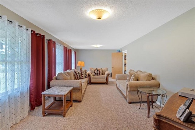 carpeted living room featuring a textured ceiling