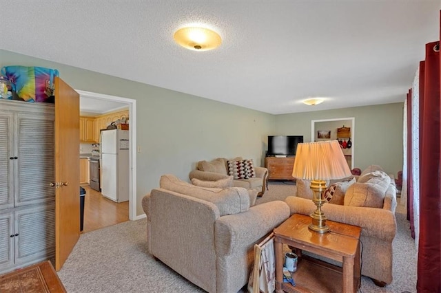 living room with light carpet and a textured ceiling