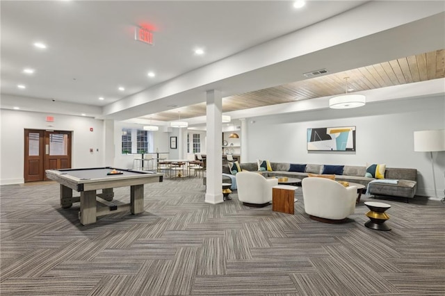 game room featuring baseboards, visible vents, pool table, carpet flooring, and recessed lighting