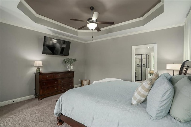 2103 Sourwood Ct, Monroe, GA 30656 - bedroom with a raised ceiling, carpet flooring, crown molding, and a ceiling fan