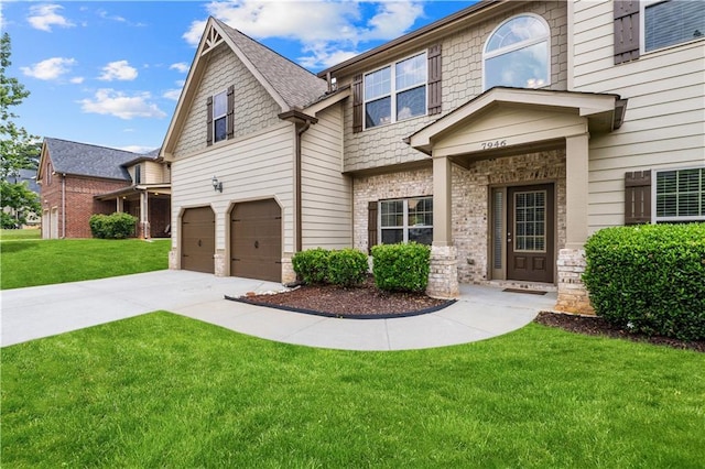 7946 White Oak Loop, Stonecrest, GA 30038 - craftsman inspired home featuring an attached garage, driveway, a front yard, and stone siding