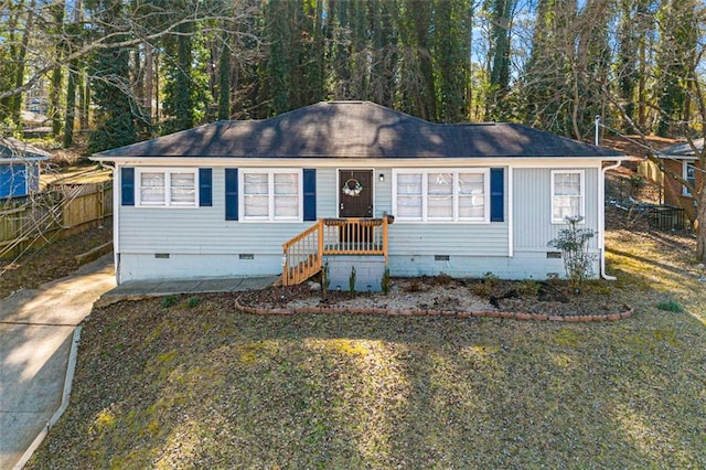 ranch-style home featuring crawl space, fence, and a front yard