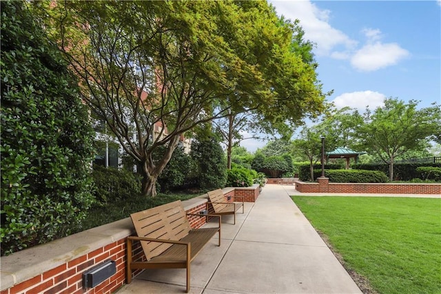 view of property's community featuring a lawn and a patio