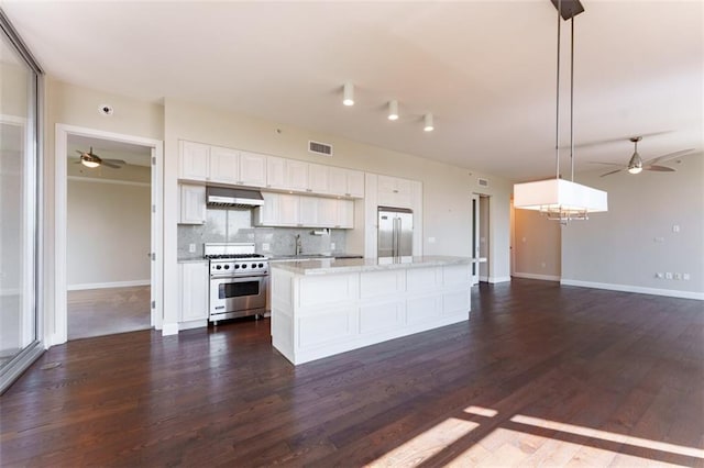 kitchen featuring high end appliances, white cabinetry, ceiling fan with notable chandelier, and under cabinet range hood