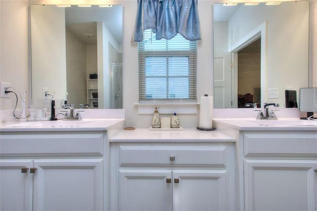 bathroom with vanity and a shower with shower door