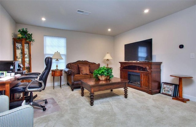 home office featuring light colored carpet