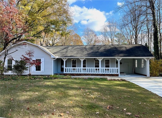 single story home with a carport, covered porch, and a front yard