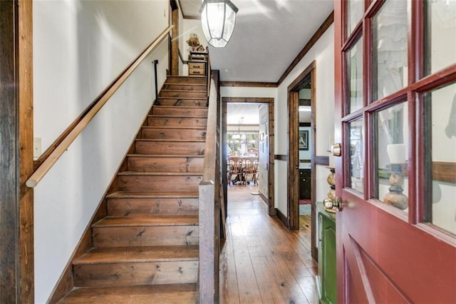 foyer entrance featuring wood-type flooring and ornamental molding