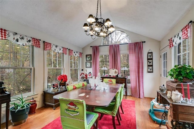 dining area with a notable chandelier, plenty of natural light, vaulted ceiling, and light wood-type flooring