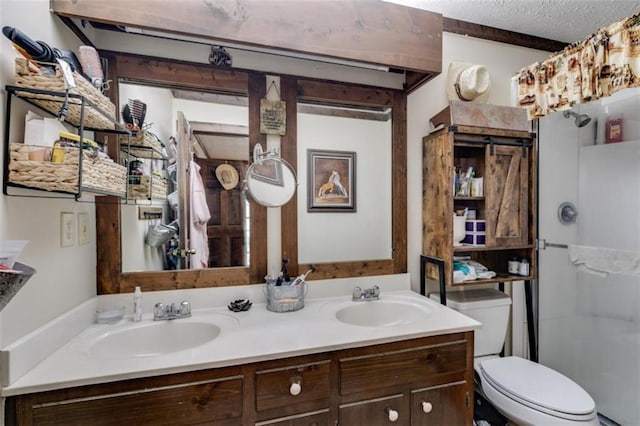 bathroom with vanity, a shower, a textured ceiling, and toilet