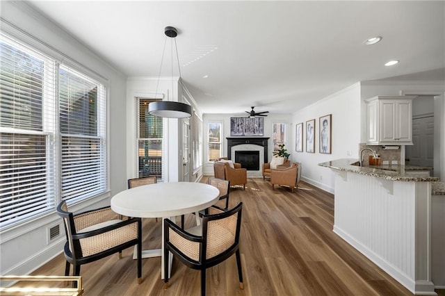 dining room with a fireplace, healthy amount of natural light, wood finished floors, crown molding, and recessed lighting
