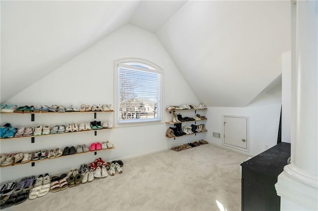 additional living space featuring vaulted ceiling and carpet flooring